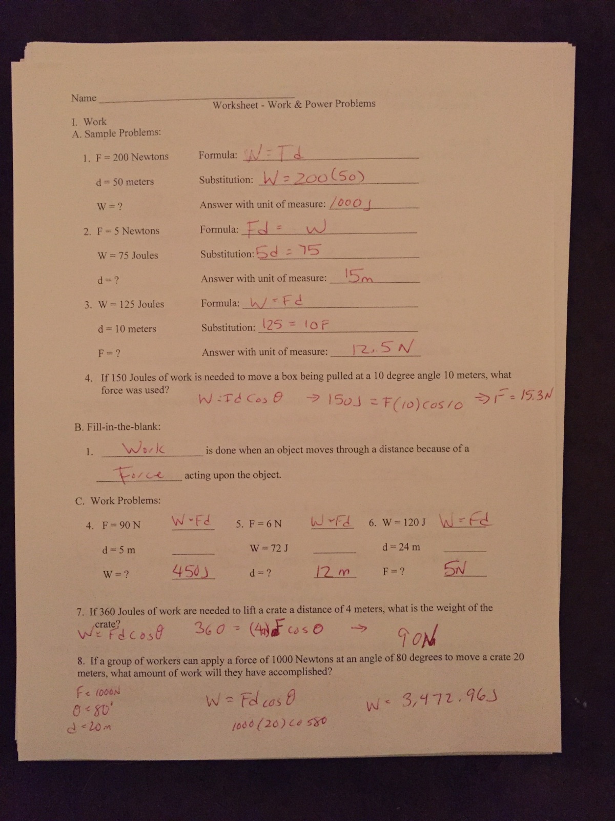 Work, Power, Energy - Physics In Work And Energy Worksheet Answers